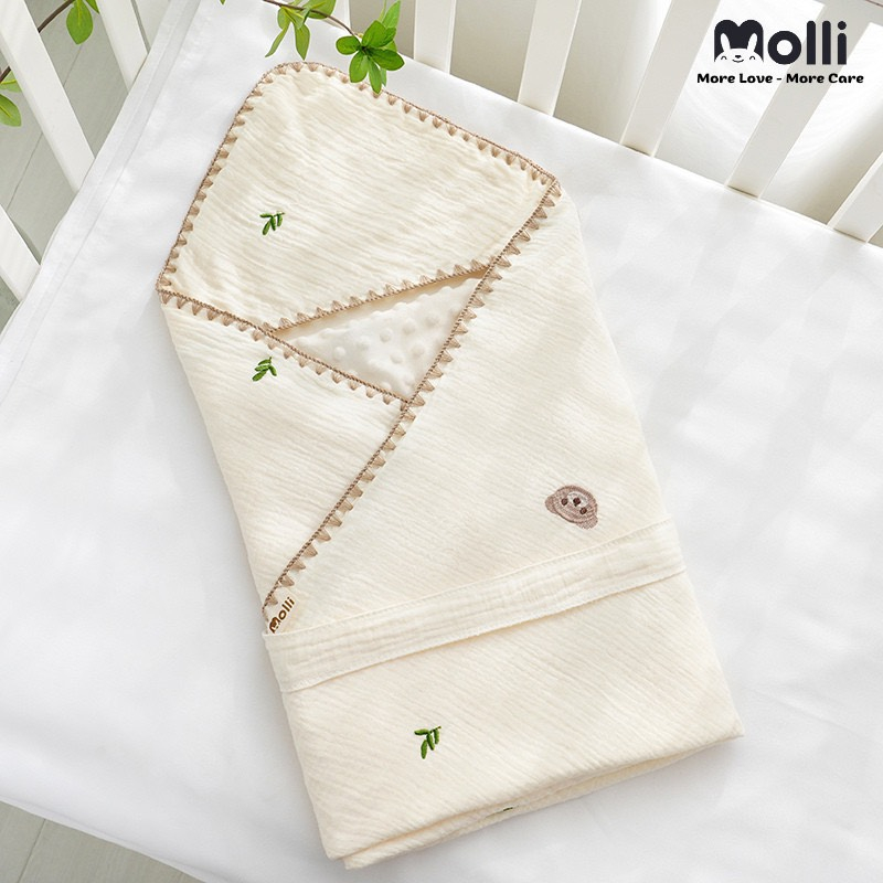 Ủ choàng vải xô họa tiết thêu xinh xắn kích thước 80x80cm cho bé