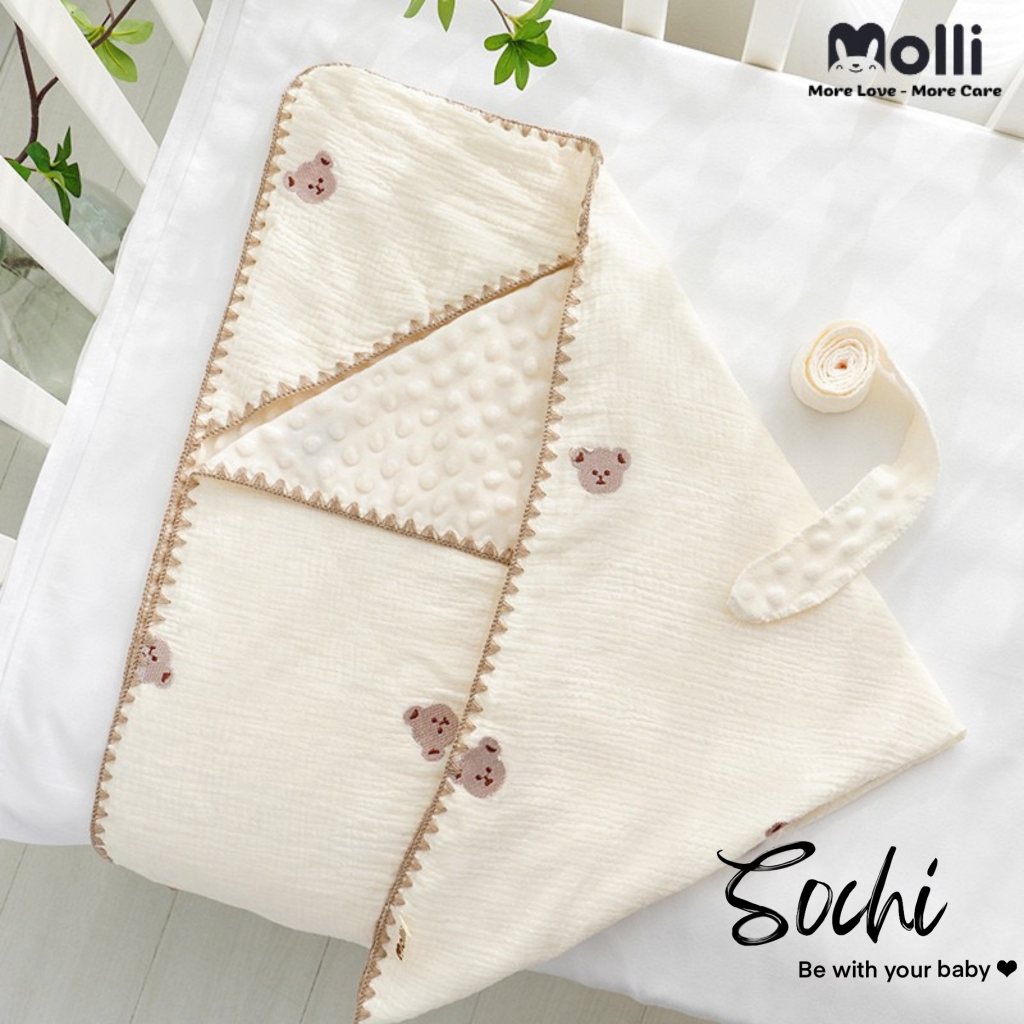 Ủ choàng vải xô họa tiết thêu xinh xắn kích thước 80x80cm cho bé