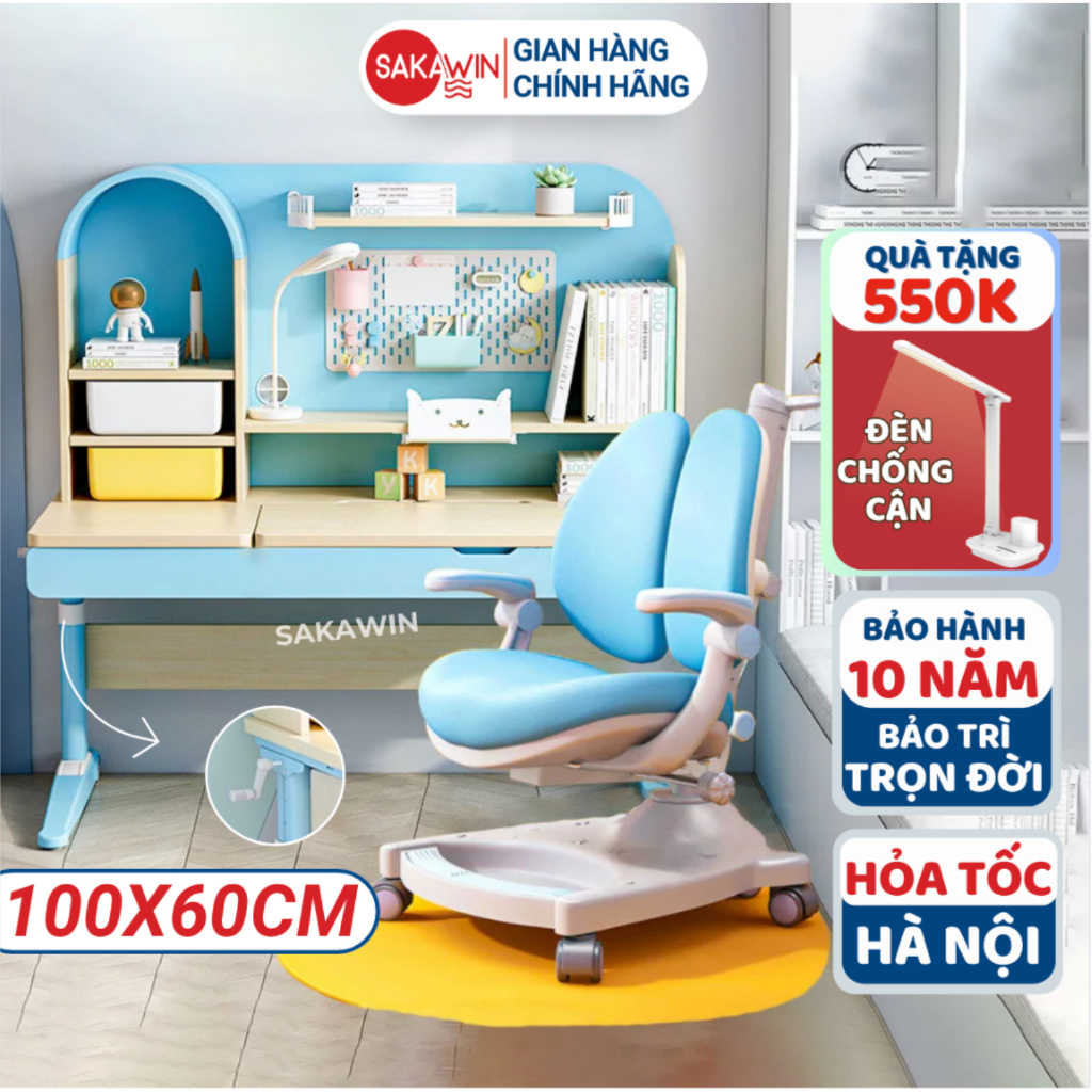 Bàn học chống gù Gỗ Tự Nhiên Sakawin S4500 PLUS, Bàn học cho bé kèm giá sách Nâng hạ tay quay Kích thước lớn 1m