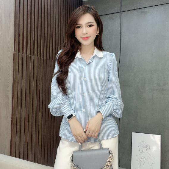 Áo sơ mi nữ Liin Clothing họa tiếtkẻ xanh cổ sen chất liệu cao cấp - AKD330PRI-S23