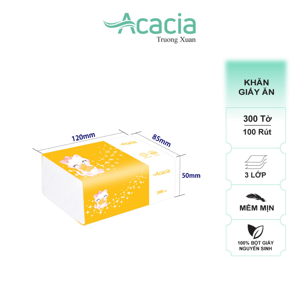 Giấy ăn Acacia Kitty 300 tờ, 3 lớp, Thùng 30 gói