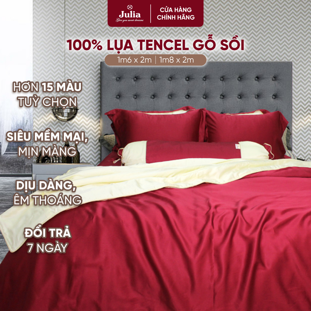 Bộ Chăn Ga Gối Ra Giường JULIA Hàn Quốc Chất Liệu Lụa Tencel Mềm Mại Màu Đỏ Đô 864