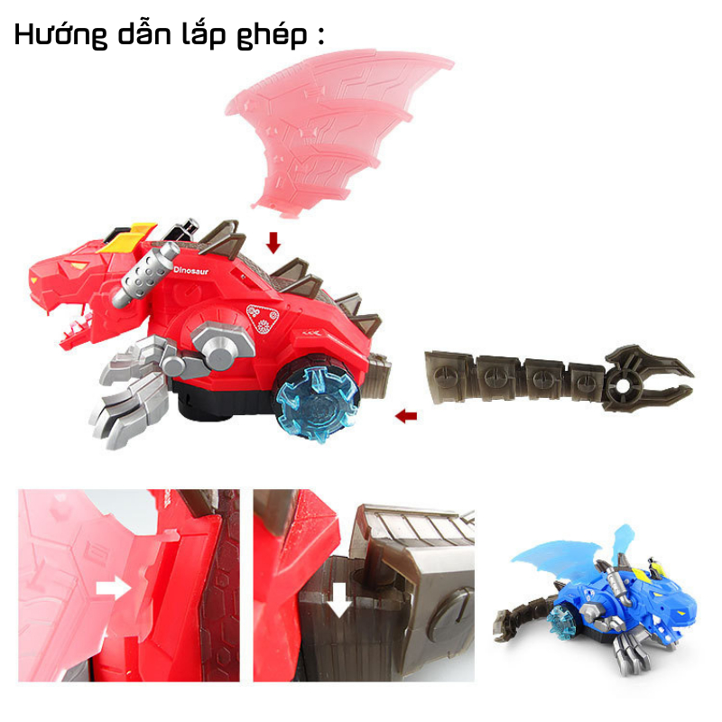Khủng Long Bạo Chúa phun sương có cánh tặng kèm pin + cán treo,có nhạc và ánh sáng nhiều màu sắc - Đồ chơi MiniKids