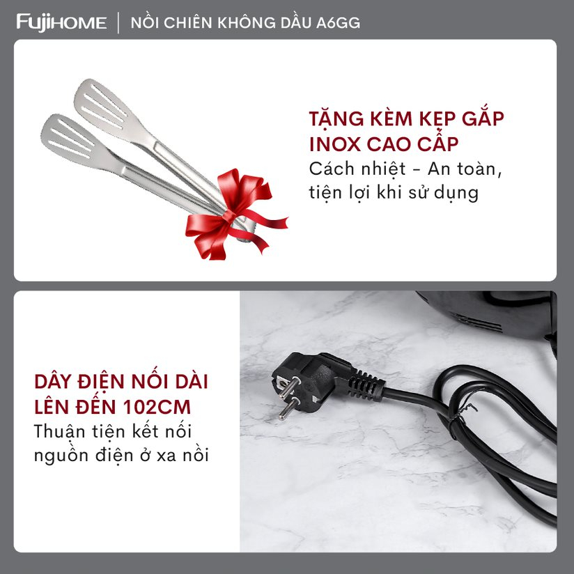 Nồi chiên không dầu 6,5 lít nhập khẩu FUJIHOME A6GG Công suất 1600W - Nhìn được thực phẩm bên trong - Bảo hành 18 tháng