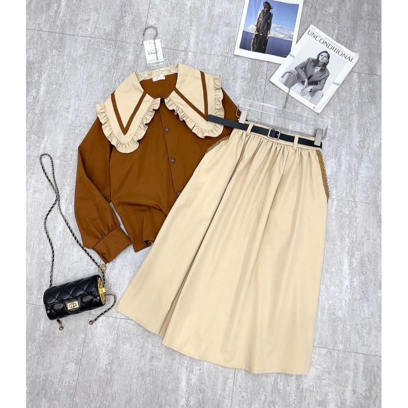 VÁY TIỂU THƯ NÂU CỔ PITER VIỀN BÈO KÈM ĐAI