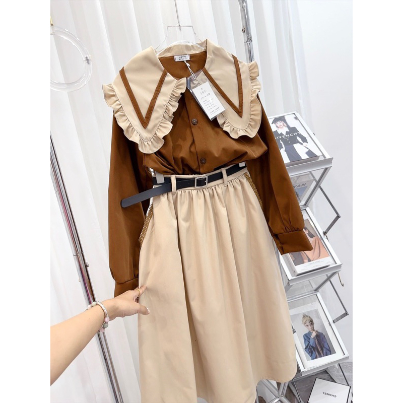 VÁY TIỂU THƯ NÂU CỔ PITER VIỀN BÈO KÈM ĐAI