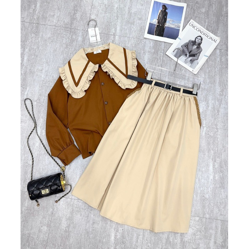 VÁY TIỂU THƯ NÂU CỔ PITER VIỀN BÈO KÈM ĐAI