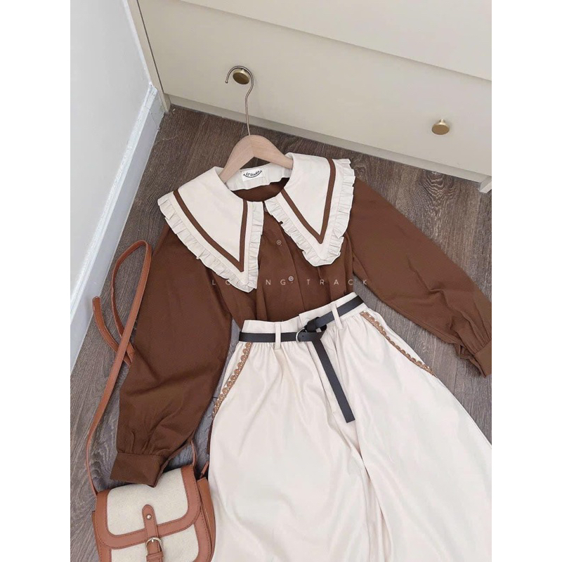 VÁY TIỂU THƯ NÂU CỔ PITER VIỀN BÈO KÈM ĐAI