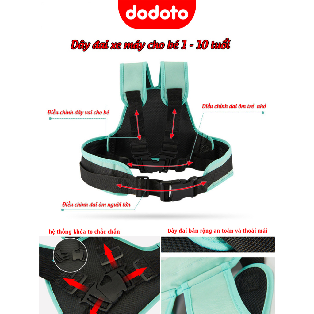 Đai đi xe máy cho bé 1-10 tuổi dodoto, đeo vai, thắt lưng, đai giữ bé ngồi xe máy màu xanh dodoto