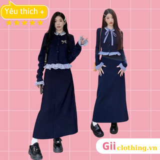 Set áo len xanh đậm cổ sơ mi viền bèo sọc xanh kèm tag nơ chân váy dài thu đông 2023