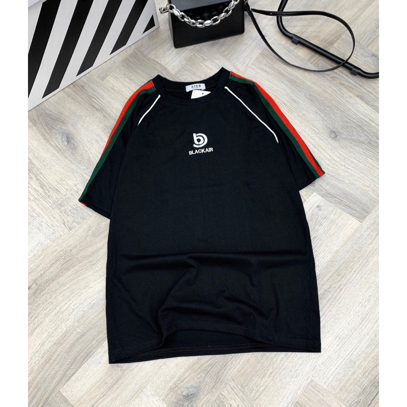 Áo phông CTK thêu sọc tay xanh đỏ  thêu chữ Blackair basic