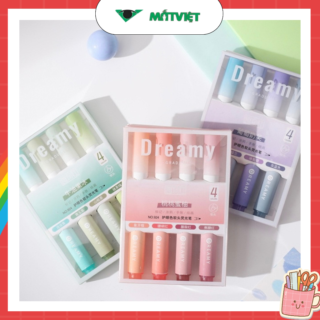 Set 4 bút Highlight  Dreamy màu Patel Retro bút highlight 2 đầu vát thân tròn dễ thương an toàn, chố