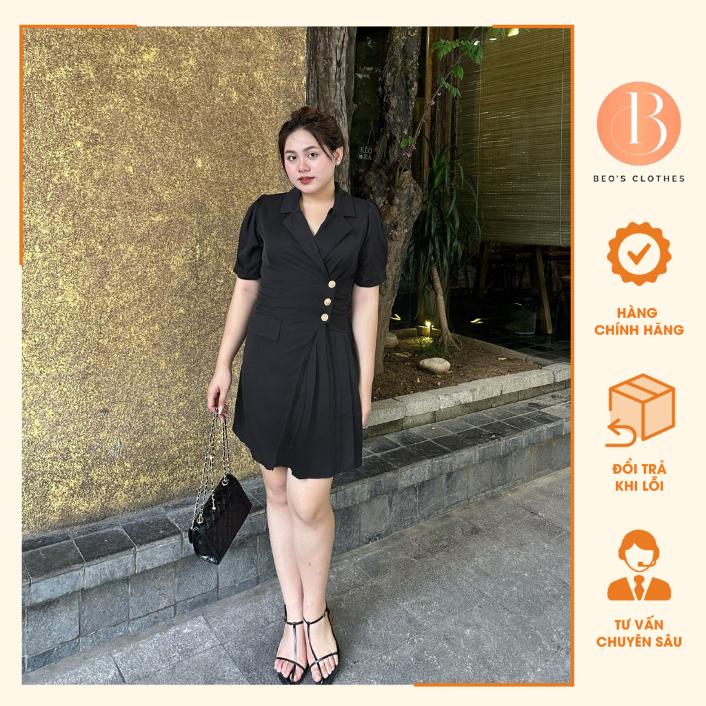 Đầm nữ xòe BIGSIZE xếp ly tầng đính khuy giả sang trọng, Váy nữ cổ V thiết kế túi giả thanh lịch