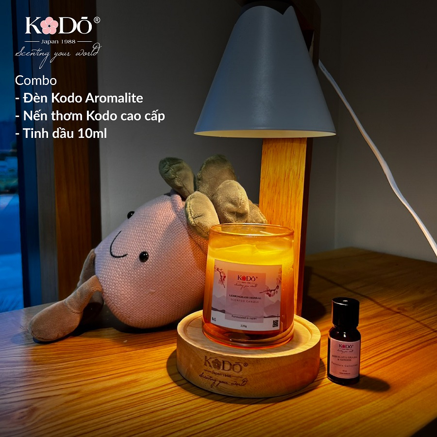 Đèn Đốt Nến Thơm Không Khói Kodo Aromalite Phong Cách Nhật Bản,Thiết Kế Đế Gỗ, Có Nút Điều Chỉnh Độ Sáng