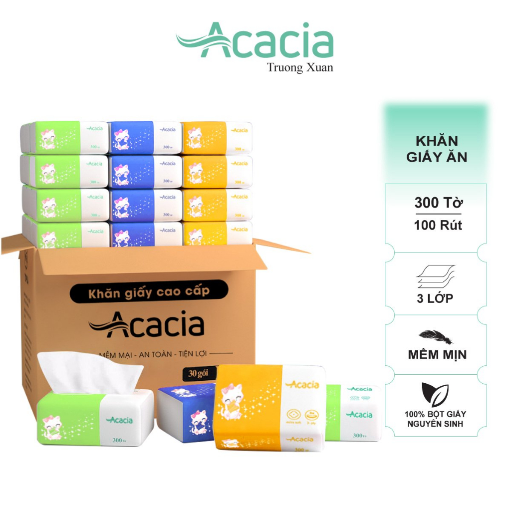 Giấy ăn Acacia Kitty 300 tờ, 3 lớp, Thùng 30 gói