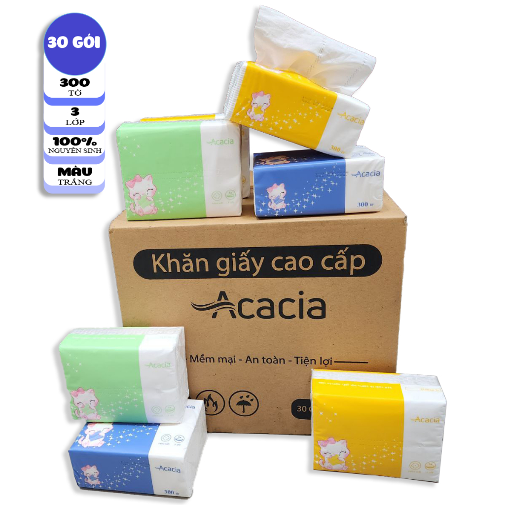 Giấy ăn Acacia Kitty 300 tờ, 3 lớp, Thùng 30 gói