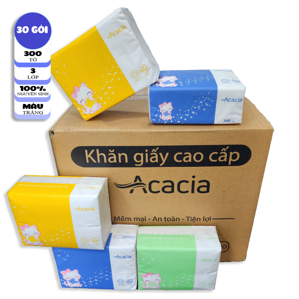 Giấy ăn Acacia Kitty 300 tờ, 3 lớp, Thùng 30 gói
