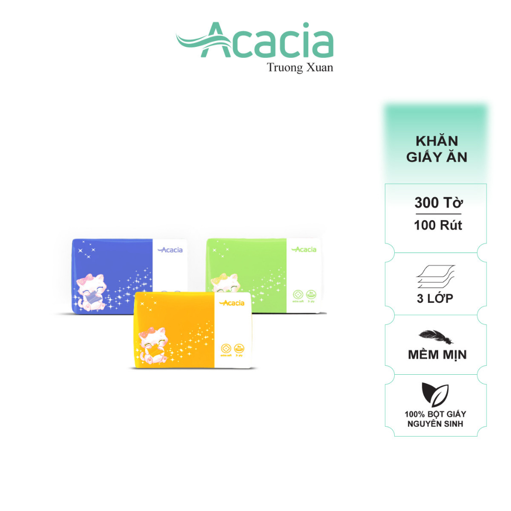 Giấy ăn Acacia Kitty 300 tờ, 3 lớp, Thùng 30 gói