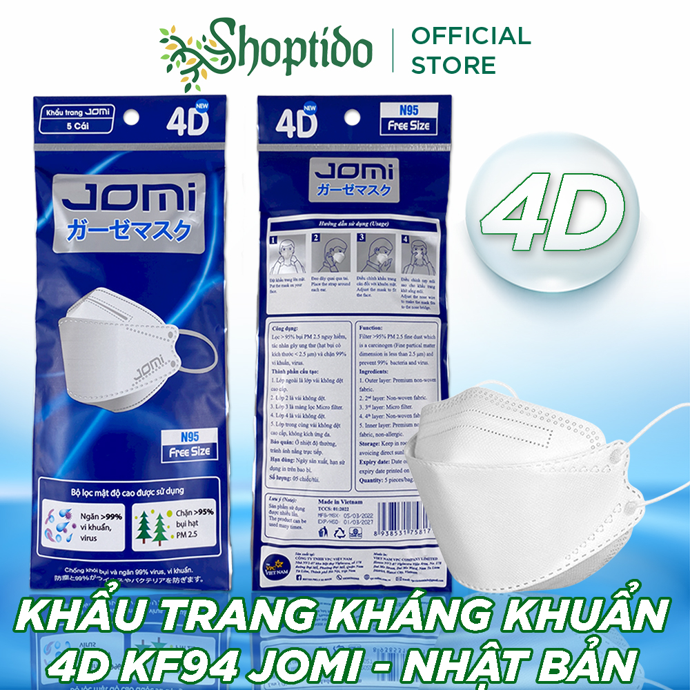 Khẩu trang y tế 3D JOMI / 4D kf94 kháng khuẩn, chống nắng, quai vãi cao cấp túi 5 cái NPP SHOPTIDO