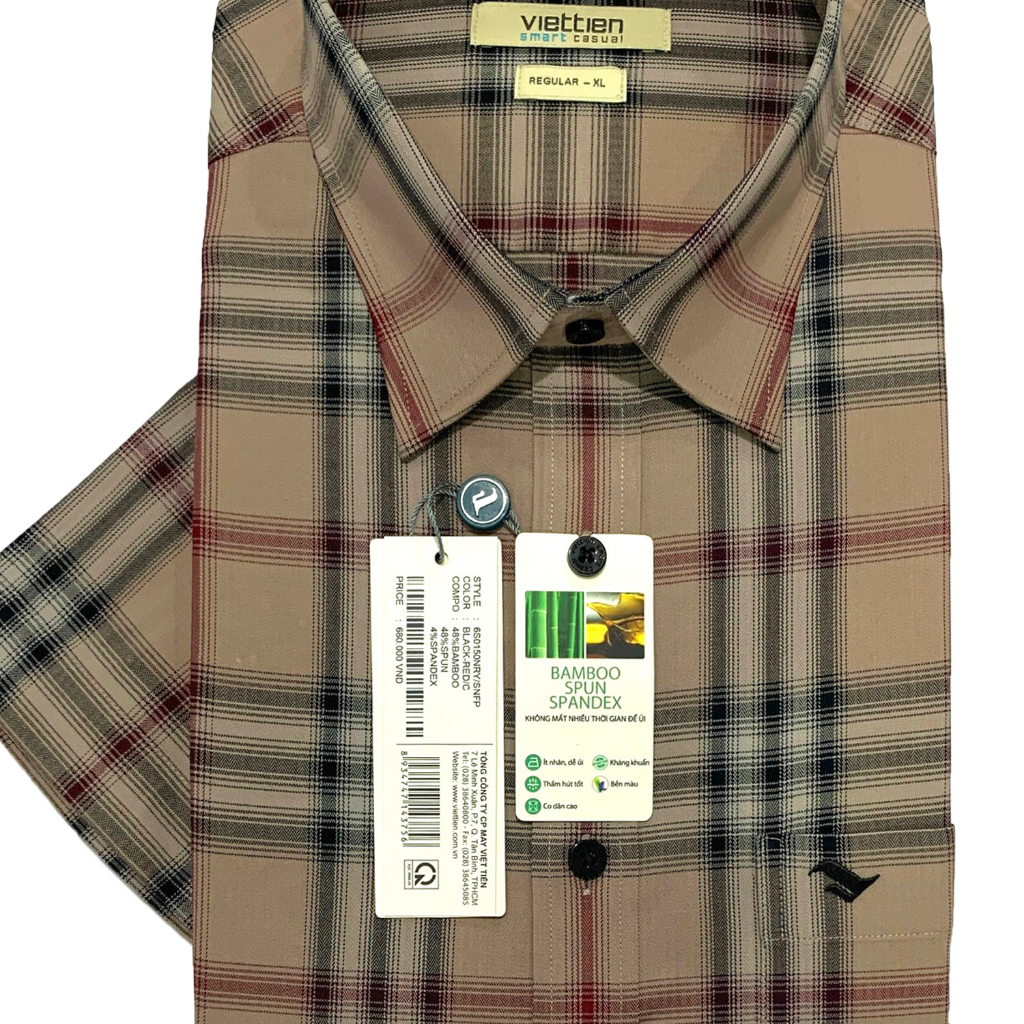 Viettien - Áo sơ mi nam ngắn tay xẻ tà vạt ngang Bamboo spun Regular Ca rô Nâu 6S0150