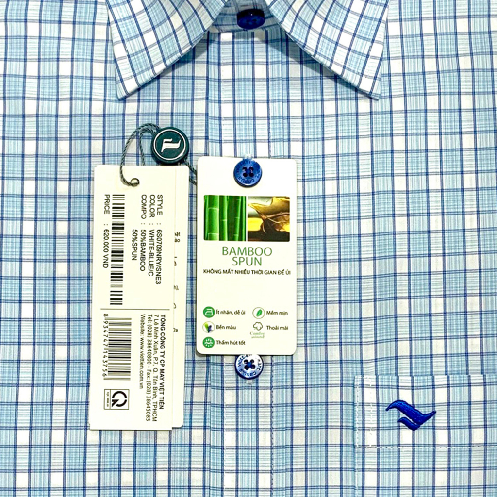 Viettien - Áo sơ mi nam ngắn tay xẻ tà vạt ngang Bamboo spun Ca rô Xanh 6S0708-6S0709 Regular, Regular fit