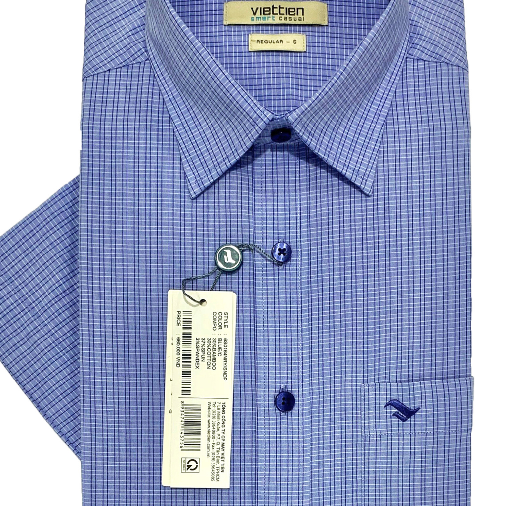 Viettien - Áo sơ mi nam ngắn tay xẻ tà vạt ngang Bamboo spun Regular Ca rô Xanh dương 6S0164