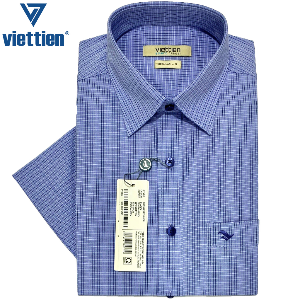 Viettien - Áo sơ mi nam ngắn tay xẻ tà vạt ngang Bamboo spun Regular Ca rô Xanh dương 6S0164