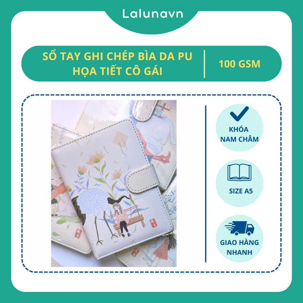 Sổ tay ghi chép, sổ tay nhật kí bìa da PU màu be họa tiết cô gái Lalunavn B173
