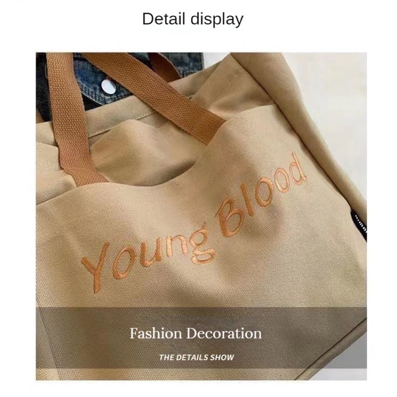 Túi tote túi đeo vai vải canvas chữ thêu Young Blood