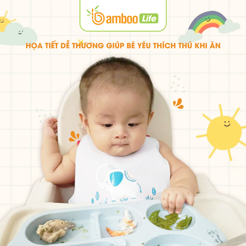 Yếm ăn dặm cho bé silicon Bamboo Life BL068 có máng chống thấm đồ dùng cao cấp hình thú siêu cute tiện dụng