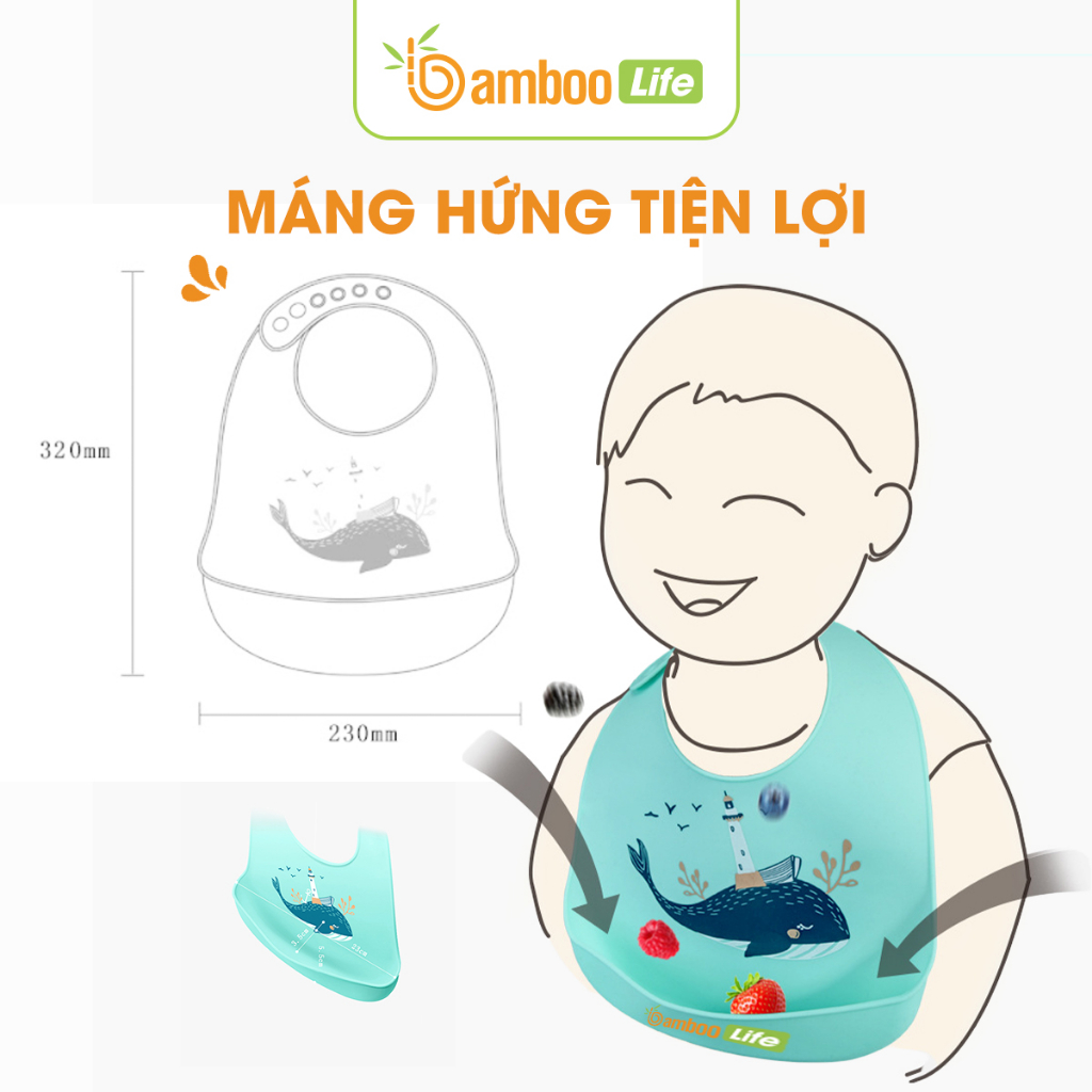 Yếm ăn dặm cho bé silicon Bamboo Life BL068 có máng chống thấm đồ dùng cao cấp hình thú siêu cute tiện dụng