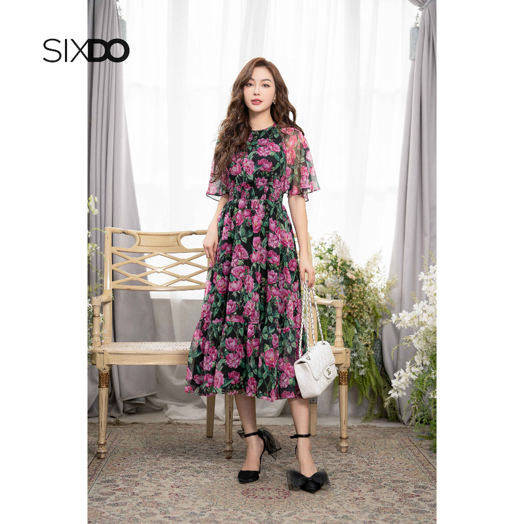 Đầm voan xòe hoa  midi SIXDO (Black Rose Midi Voile Dress)
