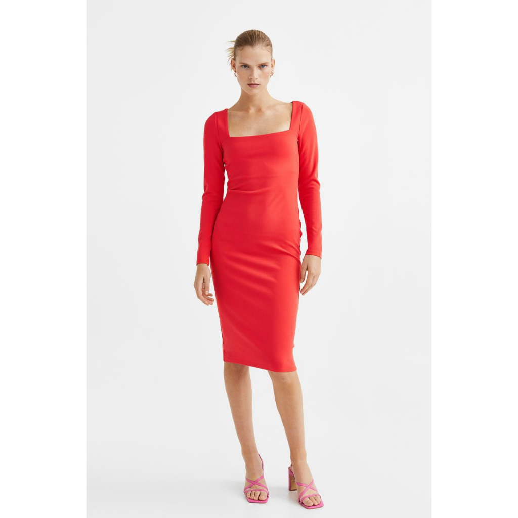 Đầm Midi HM màu cam made in Cambo xuất dư xịn dài qua gối