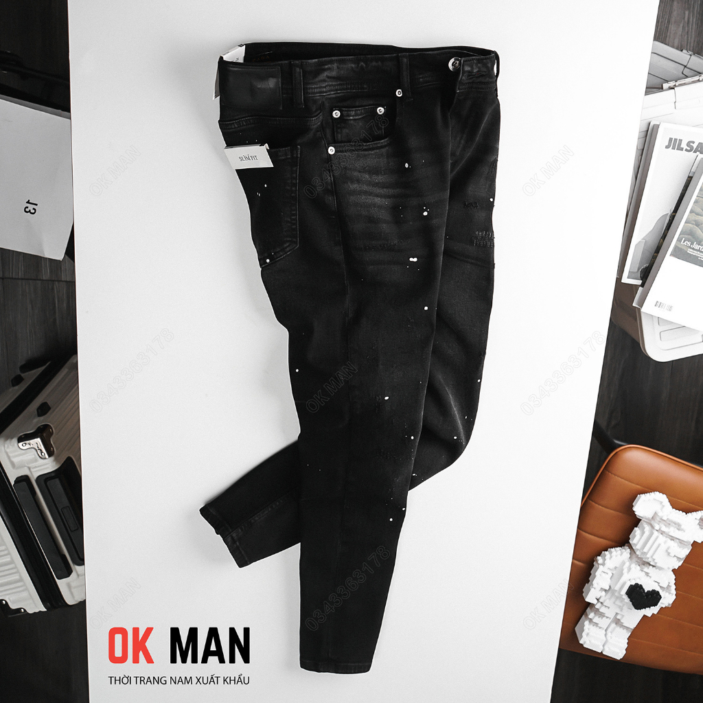 Quần jean nam OKMAN vẩy sơn form slimfit màu đen xám co giãn tốt 22635