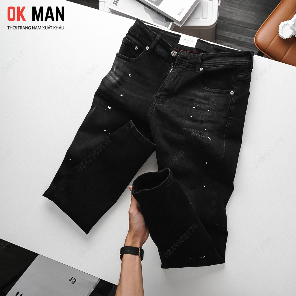 Quần jean nam OKMAN vẩy sơn form slimfit màu đen xám co giãn tốt 22635
