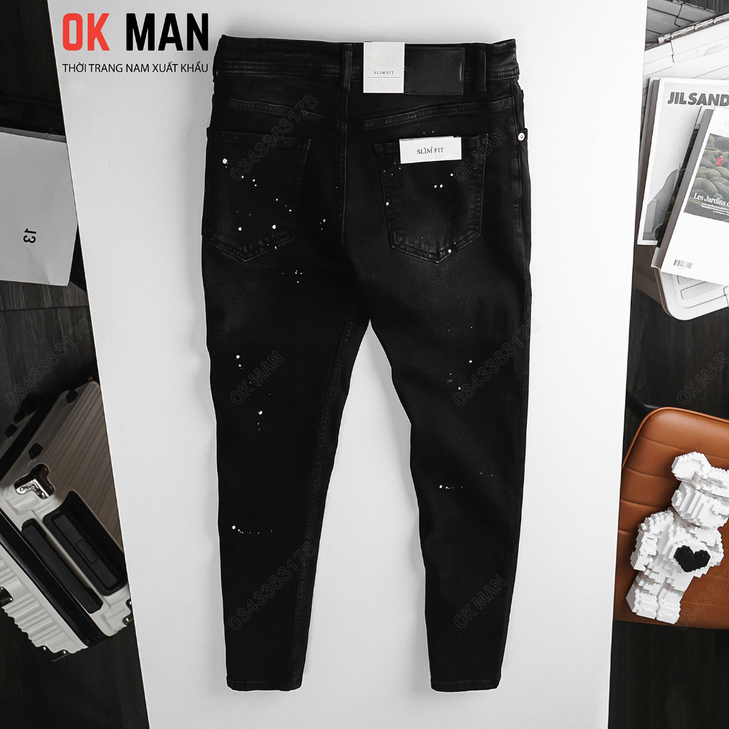 Quần jean nam OKMAN vẩy sơn form slimfit màu đen xám co giãn tốt 22635
