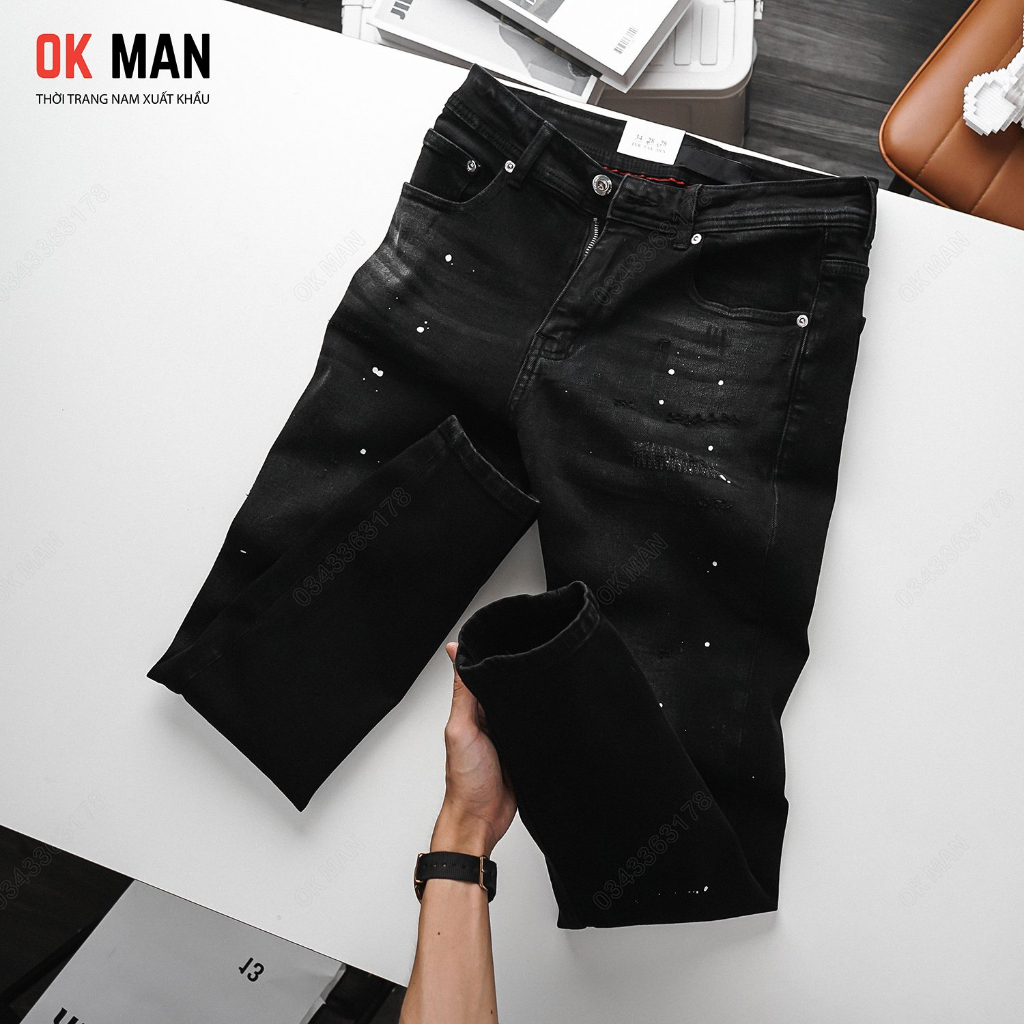 Quần jean nam OKMAN vẩy sơn form slimfit màu đen xám co giãn tốt 22635