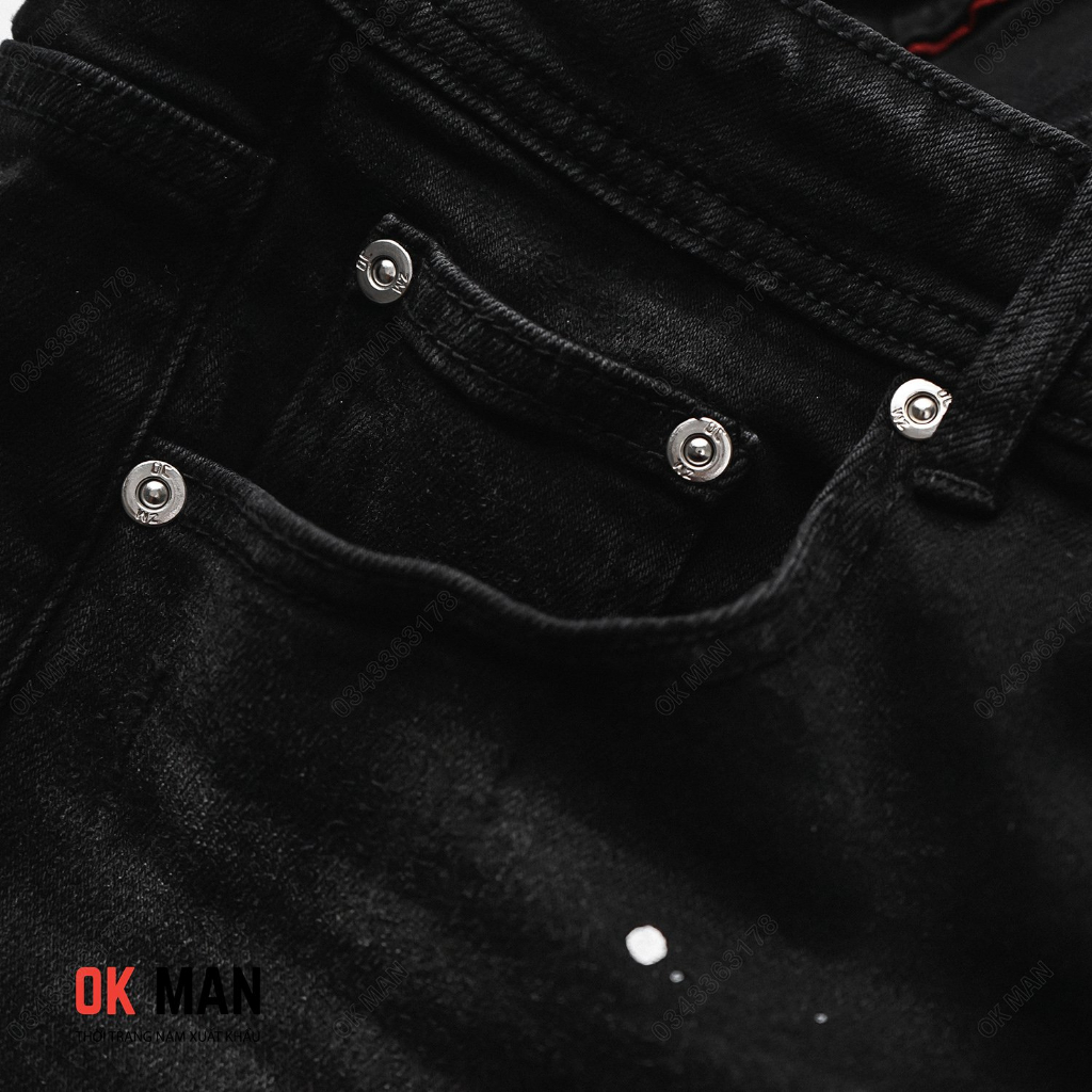 Quần jean nam OKMAN vẩy sơn form slimfit màu đen xám co giãn tốt 22635