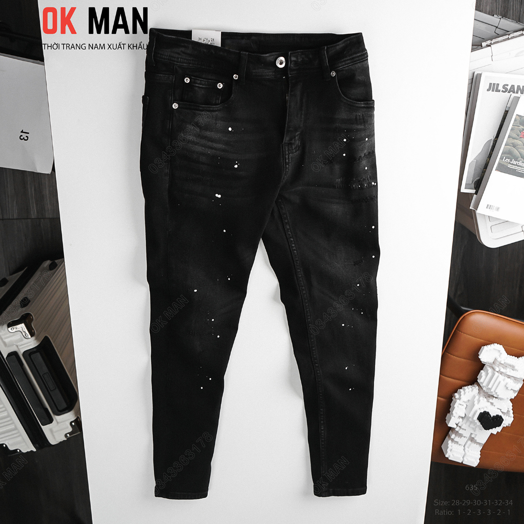 Quần jean nam OKMAN vẩy sơn form slimfit màu đen xám co giãn tốt 22635