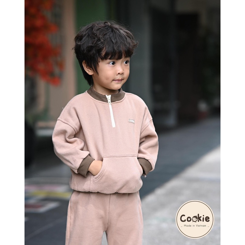 Bộ nỉ bông kéo khóa đáp túi Cookie dành cho bé trai bé gái cao cấp ấm áp