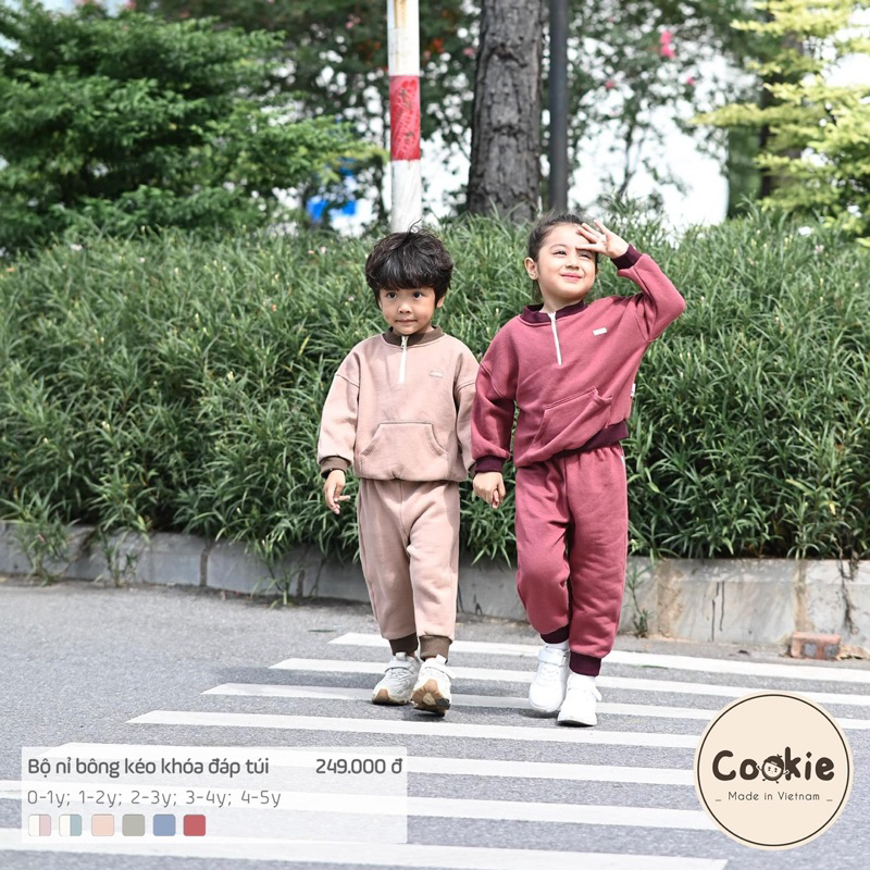Bộ nỉ bông kéo khóa đáp túi Cookie dành cho bé trai bé gái cao cấp ấm áp
