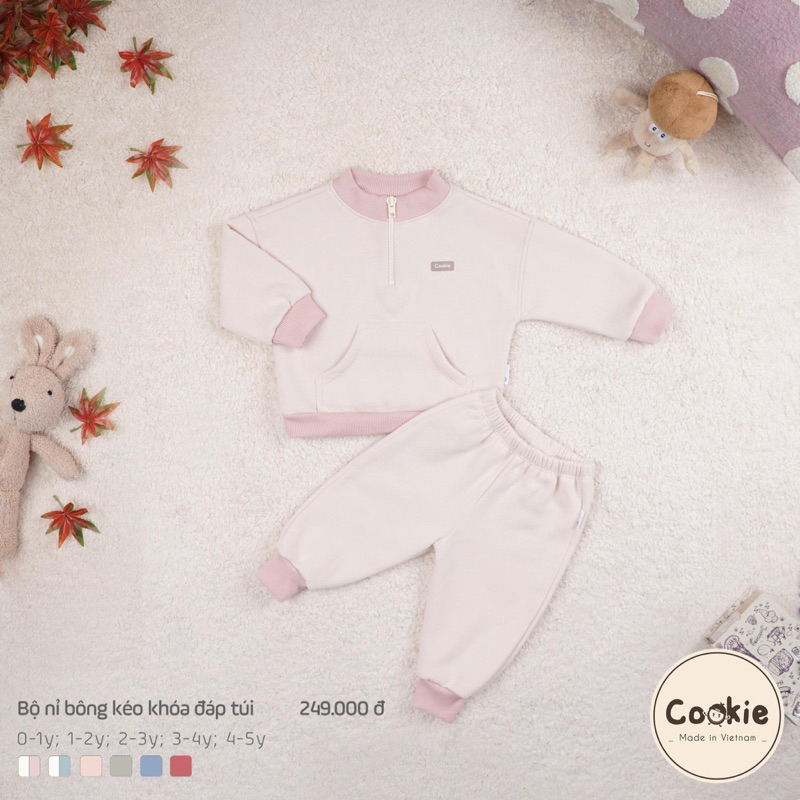 Bộ nỉ bông kéo khóa đáp túi Cookie dành cho bé trai bé gái cao cấp ấm áp