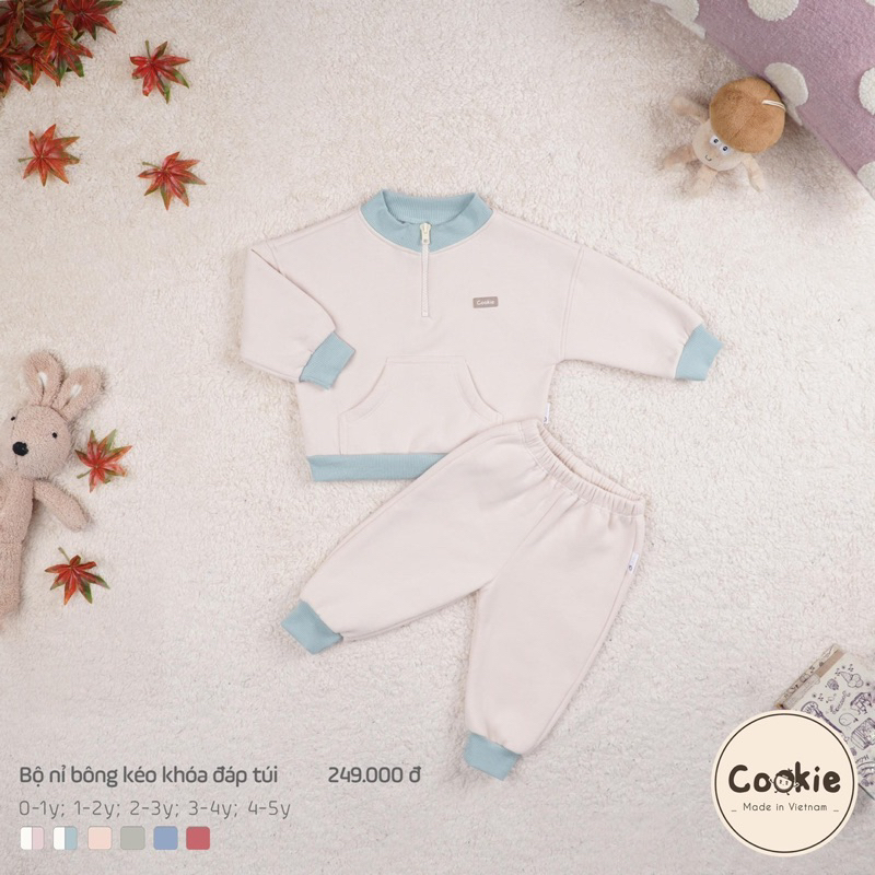 Bộ nỉ bông kéo khóa đáp túi Cookie dành cho bé trai bé gái cao cấp ấm áp