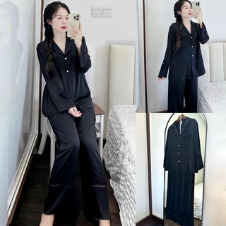 Pyjama lụa dài trơn đen quảng châu xinh
