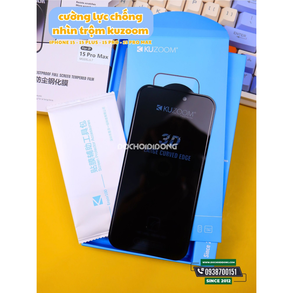 Miếng dán cường lực chống nhìn trộm iPhone 15 15 Plus 15 Pro 15 Pro Max Kuzoom Anti-Peep