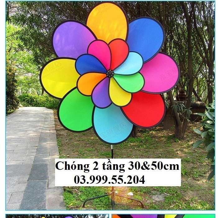 Chong chóng cầu vồng 2 tầng siêu đẹp, chong chóng 7 màu trang trí xe trà sữa , cà phê
