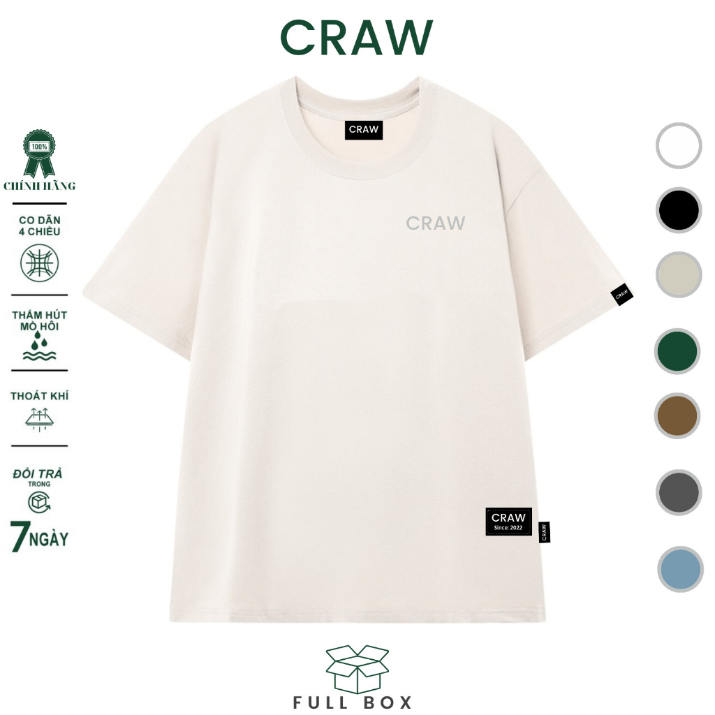 Áo thun tay lỡ CRAW phông unisex nam nữ vải coton mềm mịn, co dãn Oversize form rộng - 004