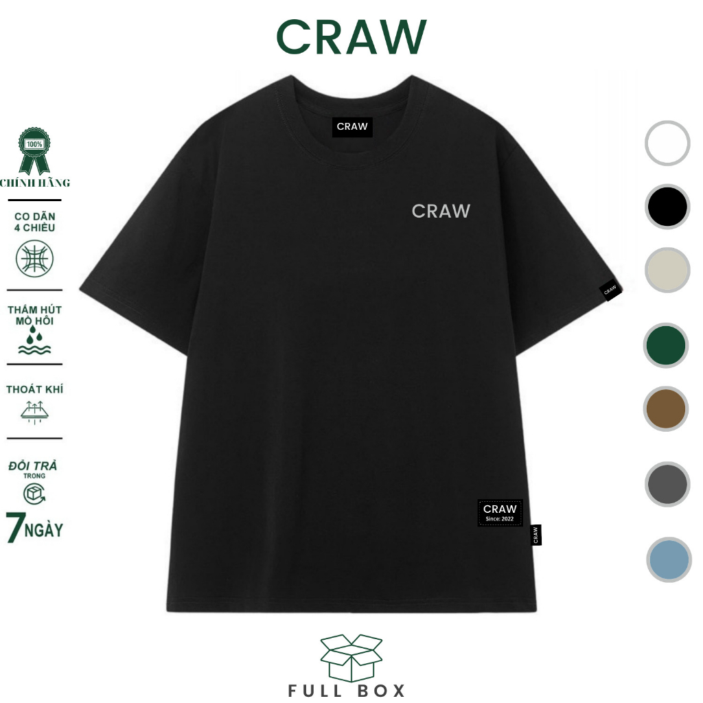 Áo thun tay lỡ CRAW phông unisex nam nữ vải coton mềm mịn, co dãn Oversize form rộng - 004