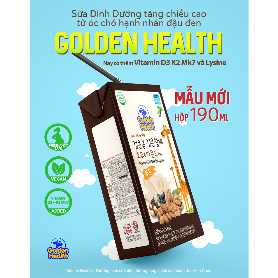 Sữa Óc Chó Đậu Đen Hạnh Nhân Golden Health Hàn Quốc Dạng Hộp Nhiều Quy Cách + Vitamin D3 K2 MK7 & Lysine