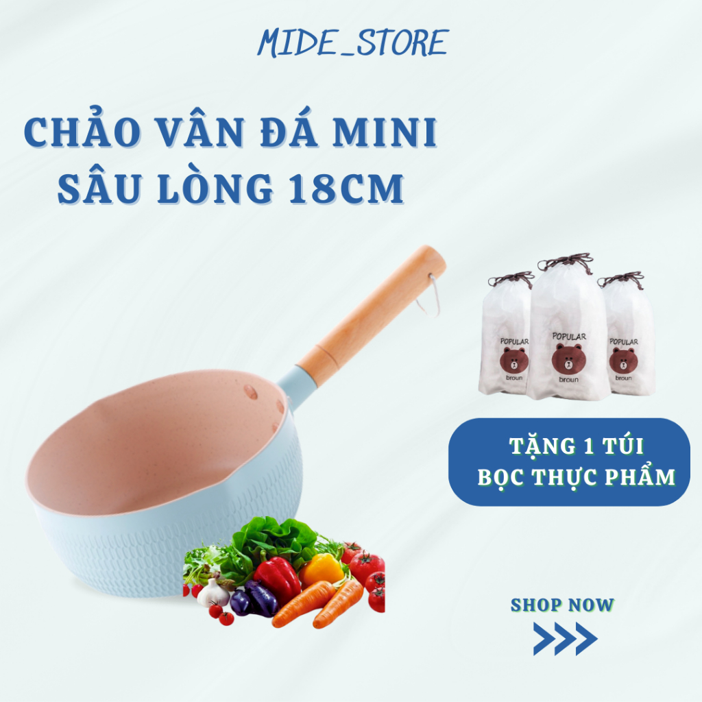 Chảo Chống Dính 18Cm Sâu Lòng, Nồi Nấu Bột Cho Bé, Tay Cầm Cán Gỗ Kèm Móc Treo Tiện Lợi, Dùng Với Bếp Từ, Gas, Bếp Điện